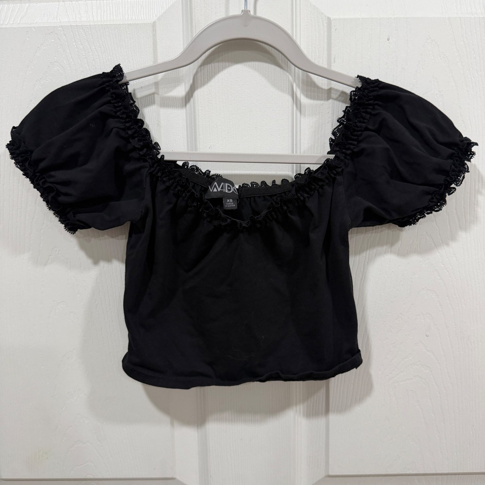 Widow Black Lace Trim Milkmaid Crop Top Puffed Sleeve Goth XS